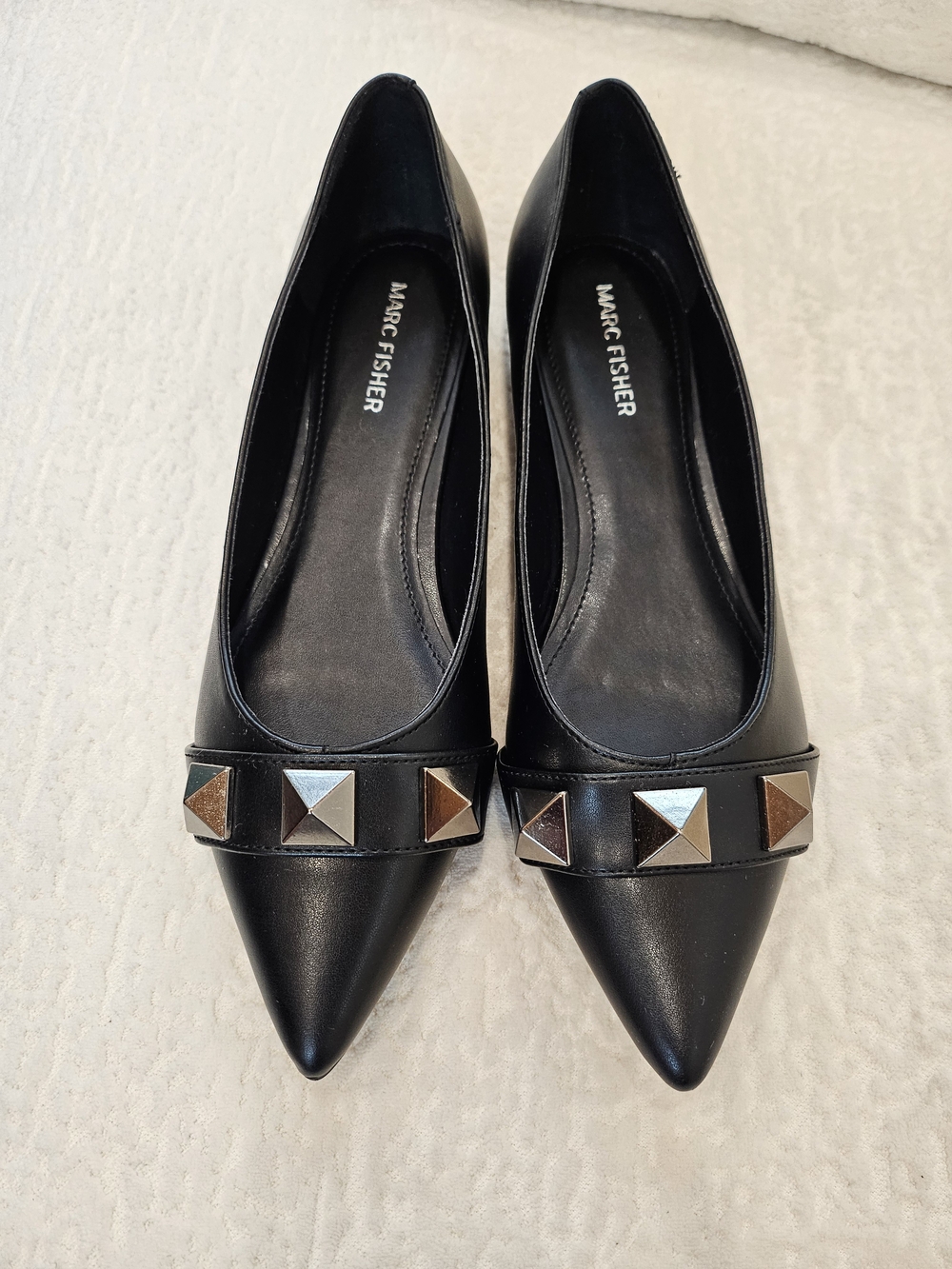 Marc Fisher Black Pointed Leather Flats with Stud Detail
